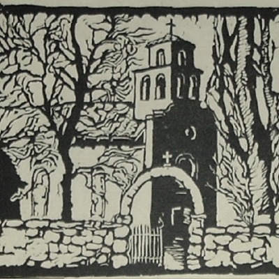 N.H. Noder "Guadalupe Church" lino or woodblock print