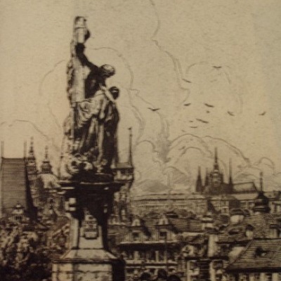 View from Charles IV Bridge of Prague by John C. Vondrous, 1938 Etching