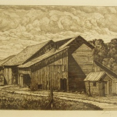 Weathered Barns by Luigi Lucioni, 1948 AAA Etching