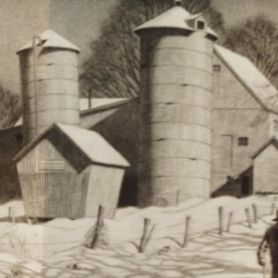 Old Man Walking by the Barns by Martin Lewis, c.1935 Aquatint Etching 