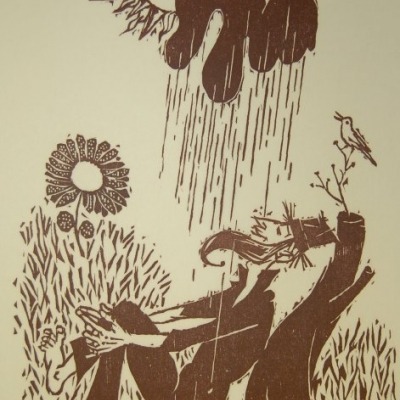 Philosopher's Happy Sun Shower by Morton Garchik, Brown Ink Woodcut 1972