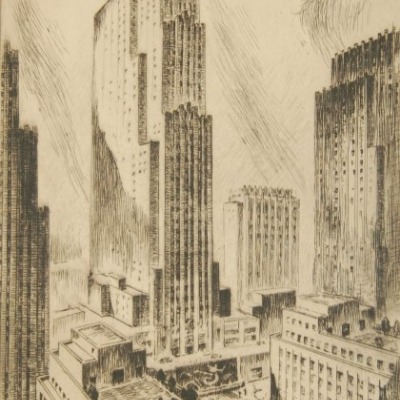 Rockefeller Center by Nat Lowell, Etching 