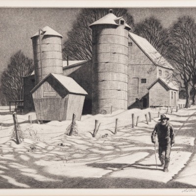 Martin Lewis, Old Man Walking by the Barns